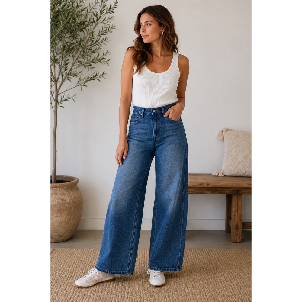 Old Navy Wow Baggy Wide Leg Jeans Womens 14 Medium Wash Blue Mid Rise Cotton